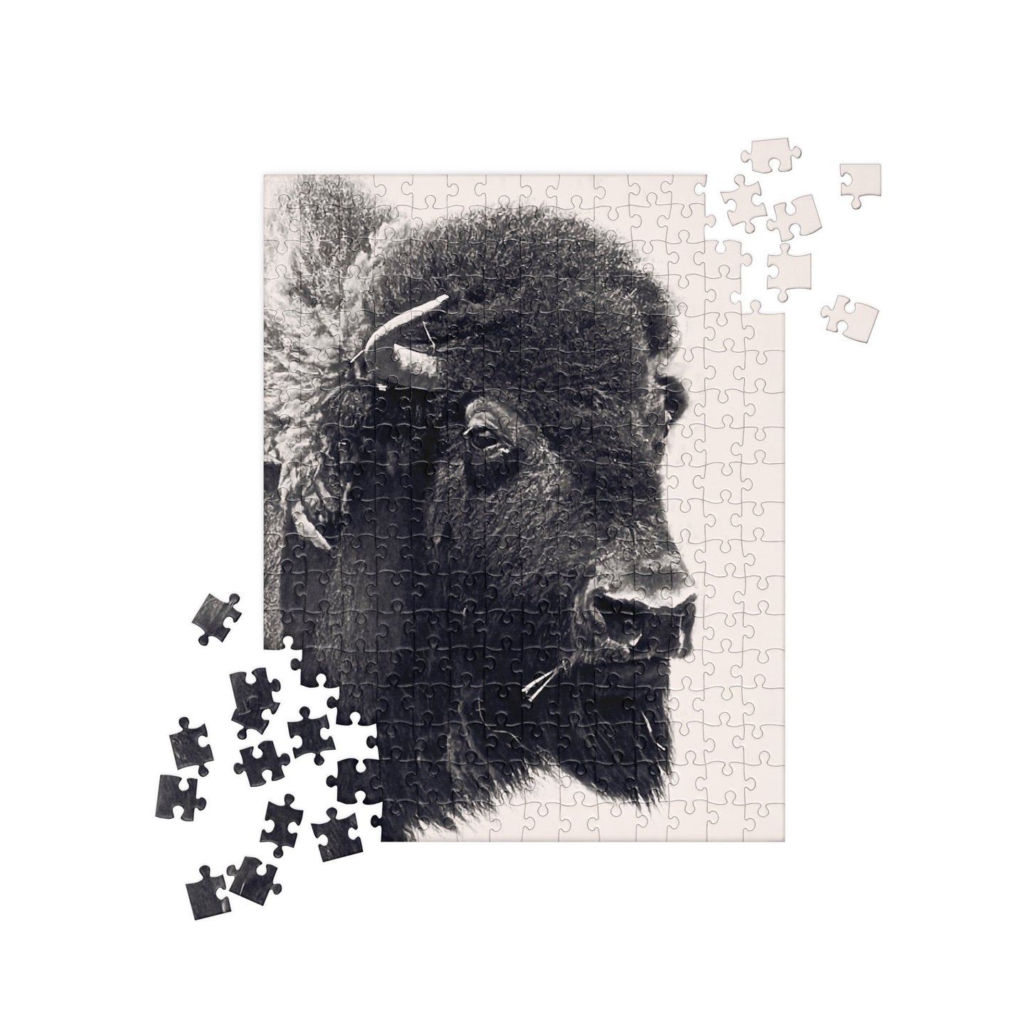 Your Suggested Brand Jigsaw puzzle of a bison with missing pieces on a white background