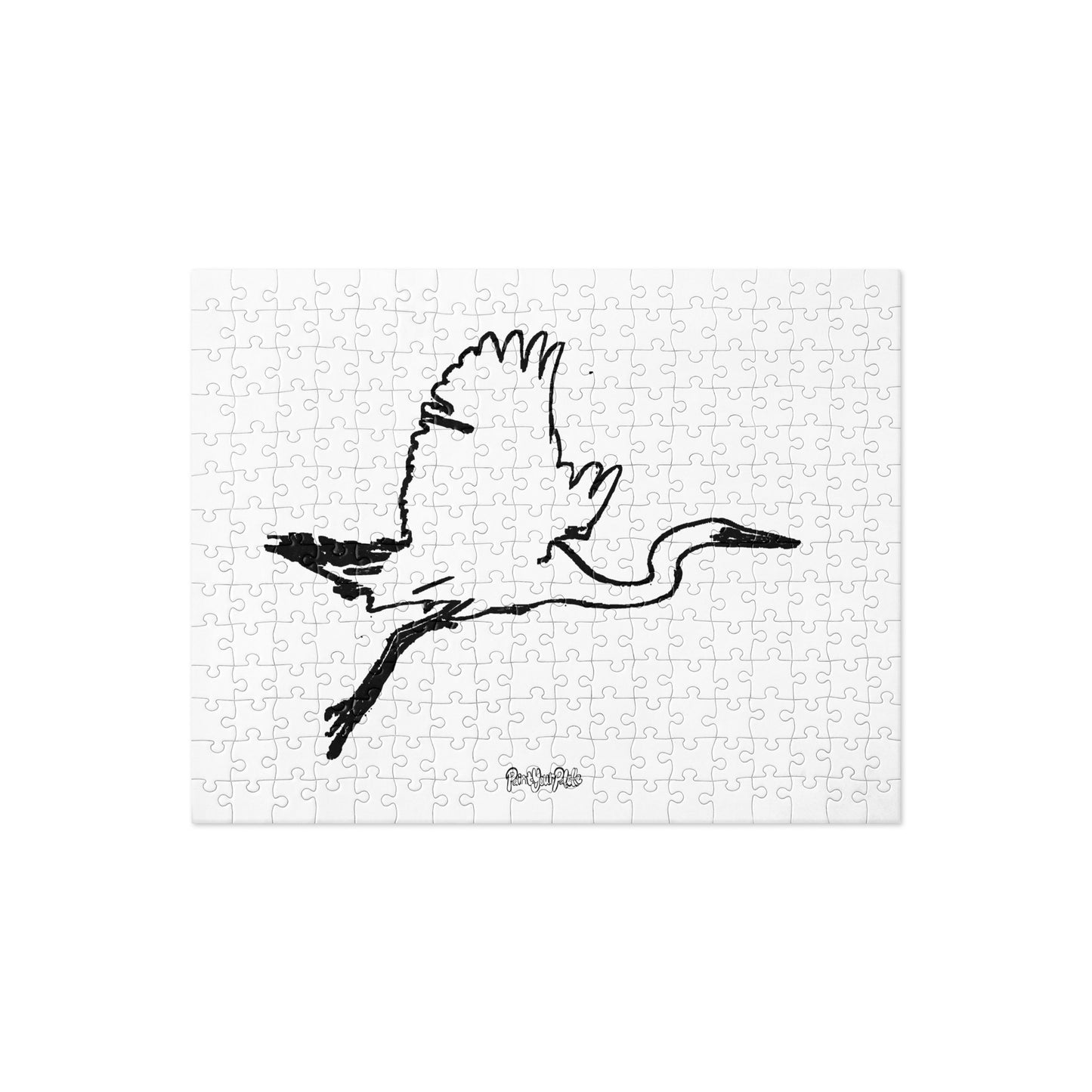 White Paint Your Palette Brand Jigsaw puzzle with a black line drawing of a flying crane on a white background