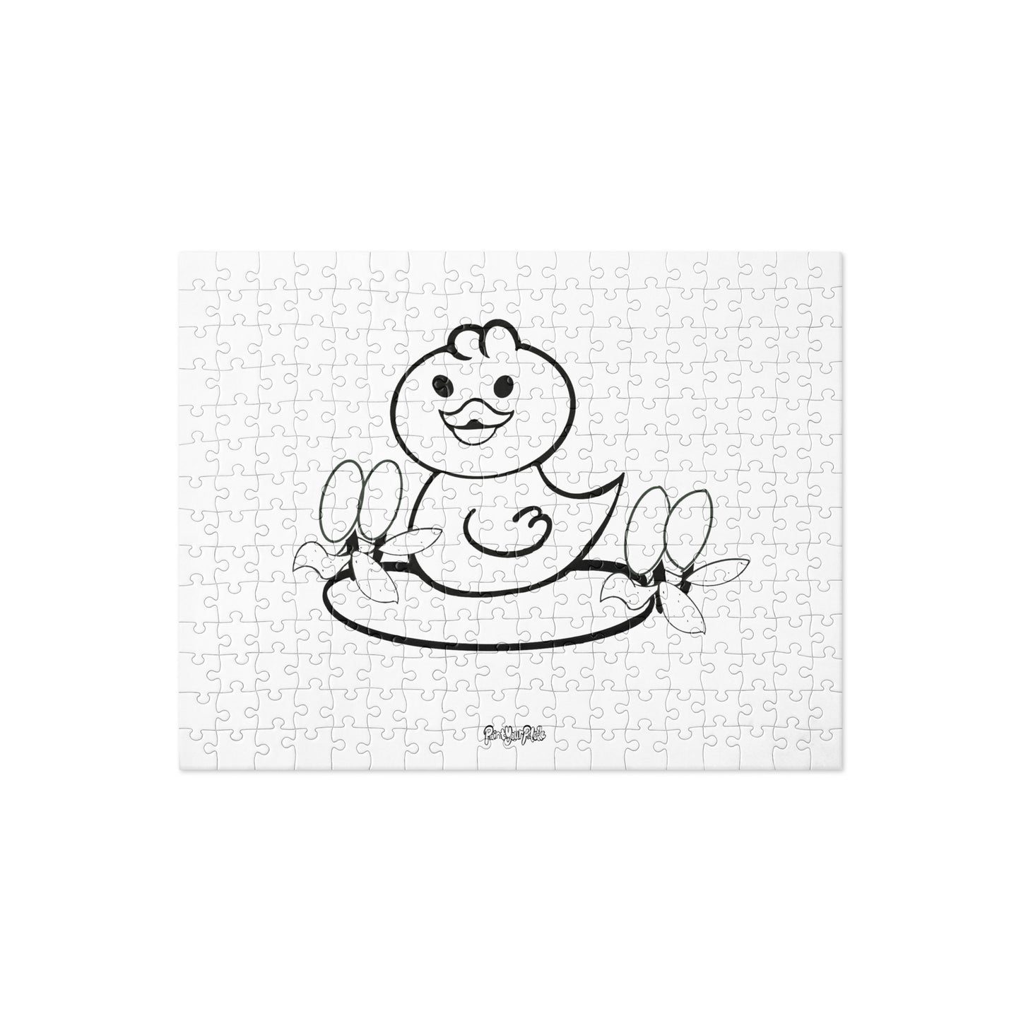 White Paint Your Palette brand Jigsaw puzzle with a black and white cartoon duck design on a white background
