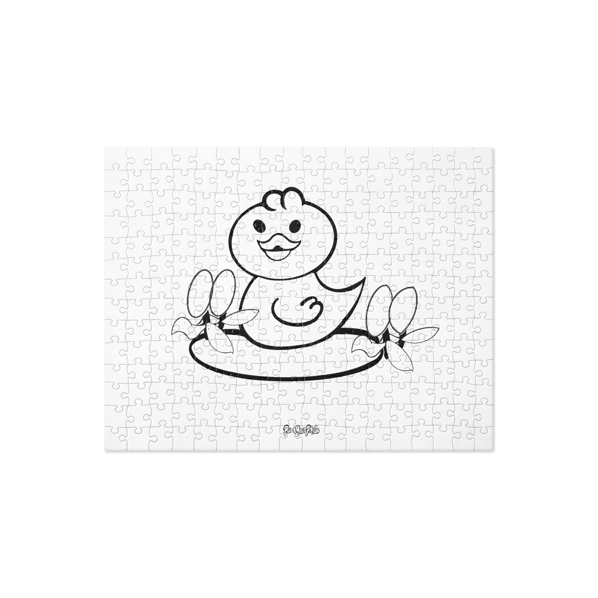 White Paint Your Palette brand Jigsaw puzzle with a black and white cartoon duck design on a white background
