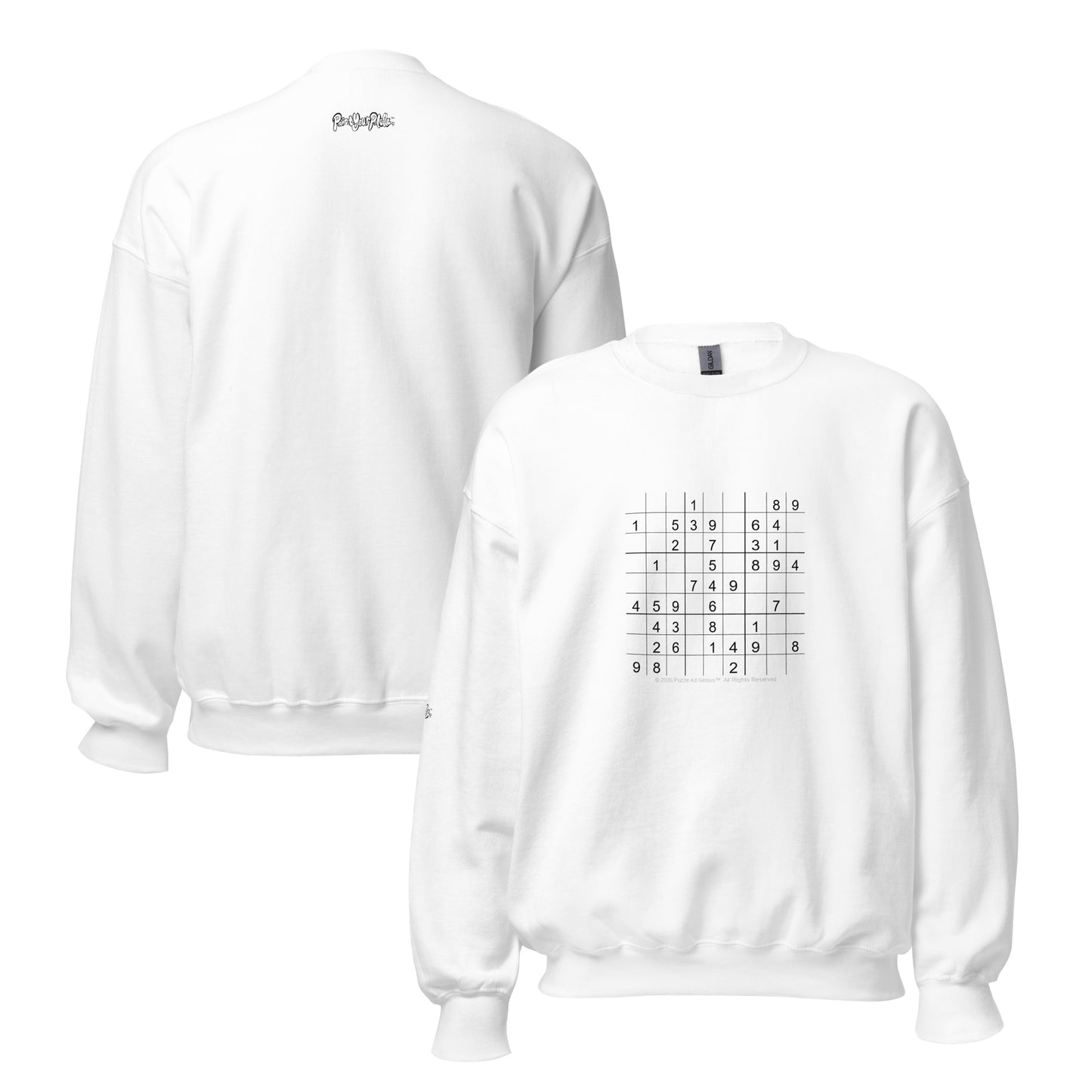 White sweatshirt with a logic grid pattern on the front and text on the back, displayed on a white background.