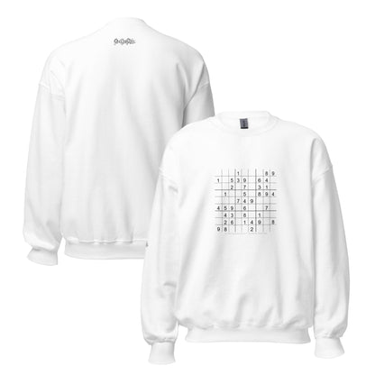White sweatshirt with a logic grid pattern on the front and text on the back, displayed on a white background.