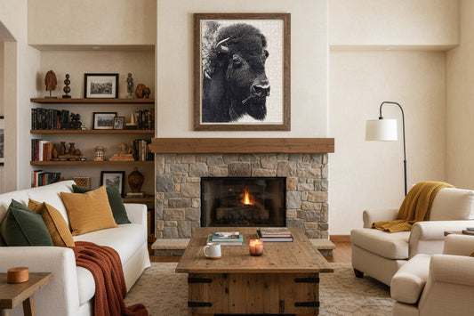 Your Suggested brand 520 piece bison jigsaw puzzle above a fireplace in a living room.