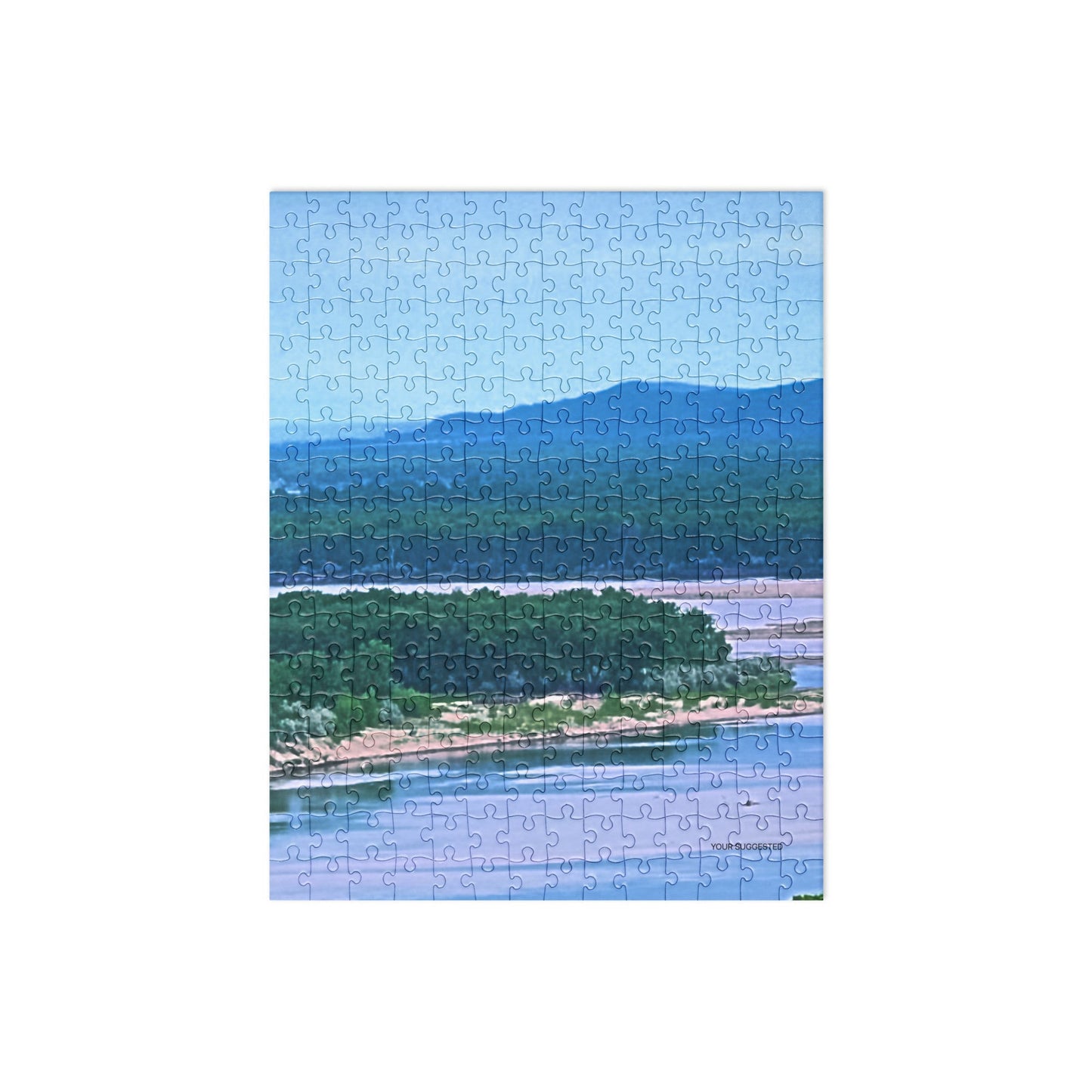 Your Suggested Brand Jigsaw puzzle with a scenic design of water and trees on a white background