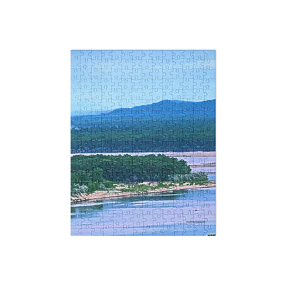Your Suggested Brand Jigsaw puzzle with a scenic design of water and trees on a white background