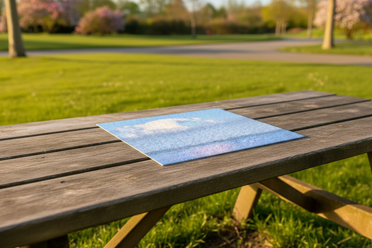 Your Suggested Brand jigsaw puzzle with a scenic design of clouds and water on a white background. The jigsaw puzzle is on a picnic table in a sunny park. 