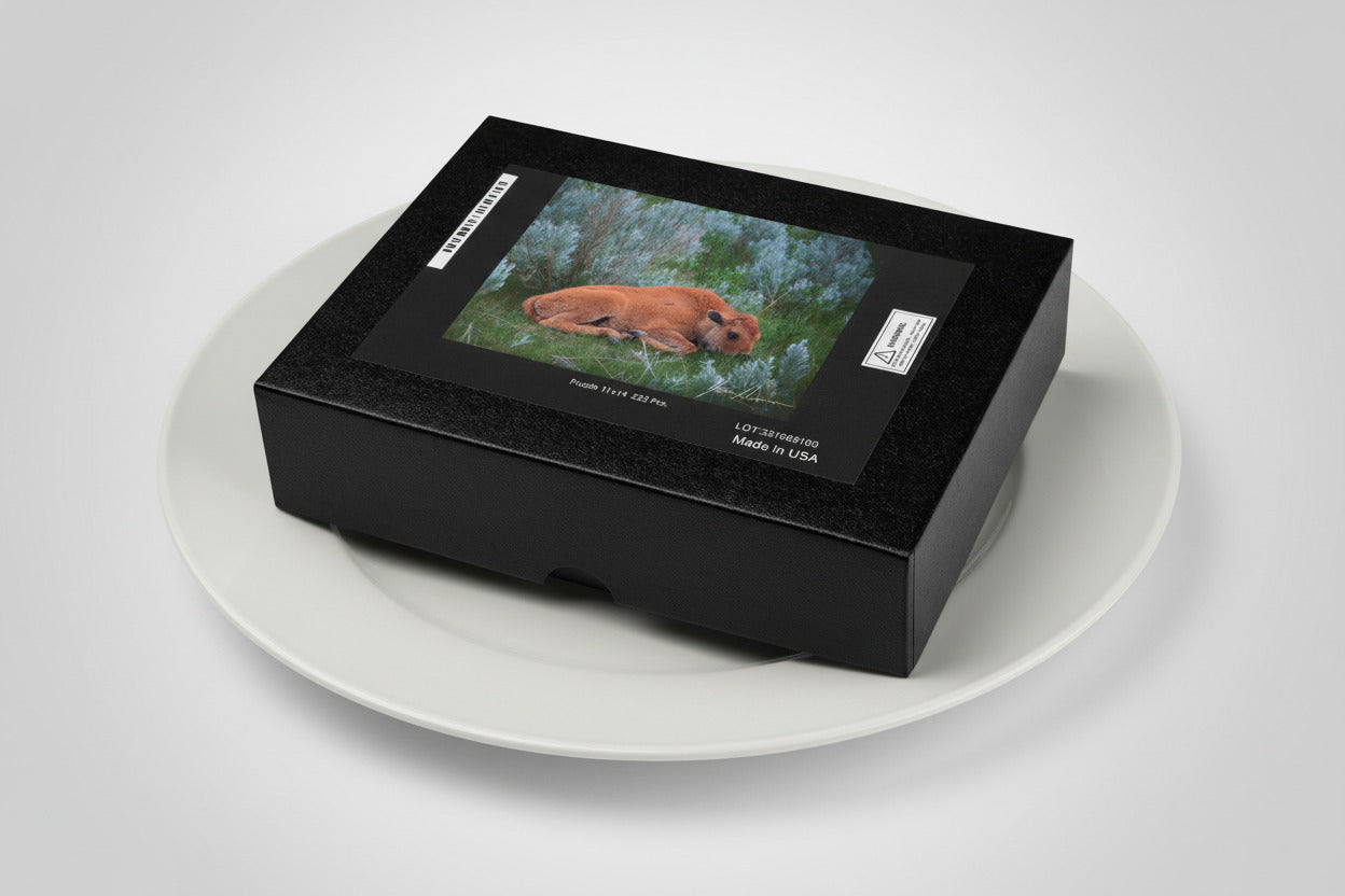 Your Suggested brand puzzle box with illustration of a bison calf lying in prairie grass.